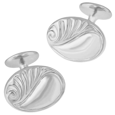 1950s Antique Oval Shape Carved Scroll Wave Cuff Links Solid Sterling Silver Engravable Front - SCL236W
