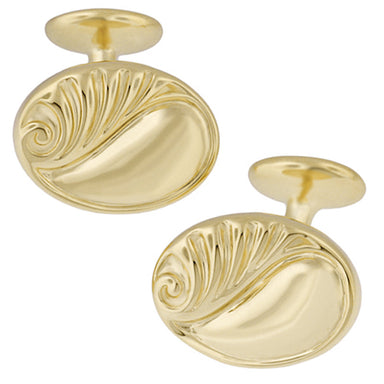 Yellow Gold 1950s Vintage Scroll Carved Cufflinks Oval Shaped - Sterling Silver Plated - SCL236Y