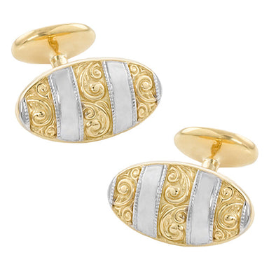 Victorian Carved Scroll Cufflinks in Two Tone Yellow Gold and White Metal - Oval Shape - SCL239WY