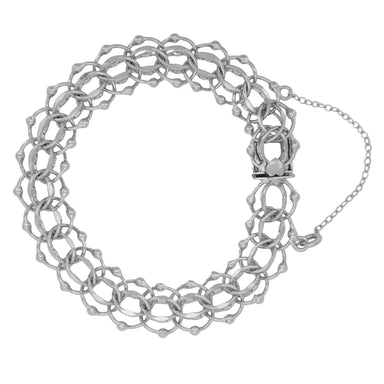 Sterling Silver 1960's Vintage Wide Woven Beaded Link Charm Bracelet - 7.25 Inches