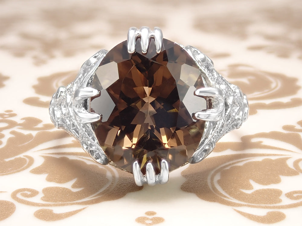 Art Deco Filigree Claw Prong Statement Ring - 4.30 Carat Oval Smoky Quartz Ring in Sterling Silver - Item: SSR157SQ - Image: 2