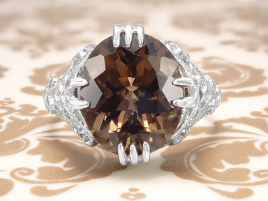 Art Deco Filigree Claw Prong Statement Ring - 4.30 Carat Oval Smoky Quartz Ring in Sterling Silver - alternate view