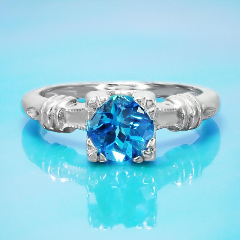 Art Deco Hearts and Clovers 1 Carat Swiss Blue Topaz Solitaire Promise Ring in Sterling Silver - Item: SSR163WBT - Image: 3