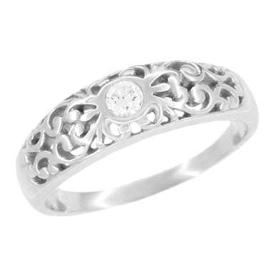 Edwardian Sterling Silver Vintage Style Open Scroll Filigree Diamond Band - Lab Created Diamond
