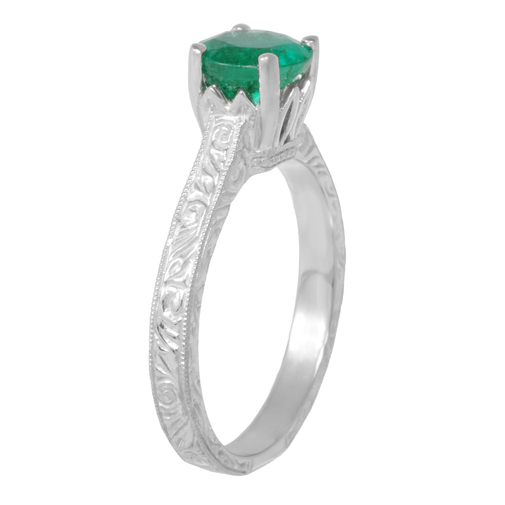Crown Scrolls Filigree Art Deco 1 Carat Emerald Solitaire Engagement Ring in 18 Karat White Gold - Item: R199PRW1E - Image: 3
