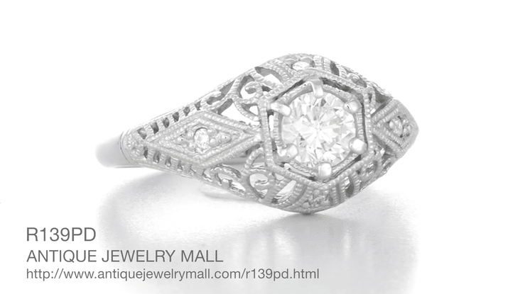 Scroll Dome Filigree 1/2 Carat Edwardian Diamond Engagement Ring in Platinum - Item: R139PD-LC - Image: 7