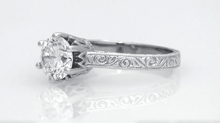 Scroll Filigree Art Deco Crown Solitaire 1.25 - 1.50 Carat Engagement Ring Setting in Platinum - Item: R199P125 - Image: 6