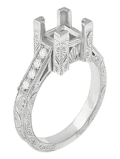 Flowers and Scrolls 3/4 Carat Princess Cut Square Diamond Art Deco Engagement Ring Mounting in White Gold