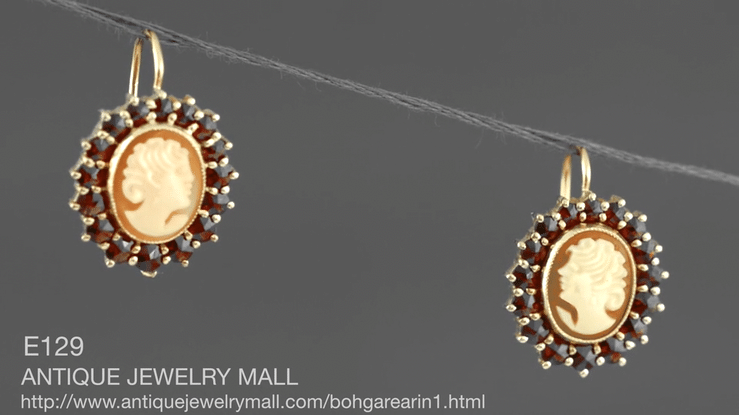 Shell Cameo Earrings with Bohemian Garnet Frames in 14 Karat Yellow Gold & Sterling Silver Vermeil - Item: E129 - Image: 5