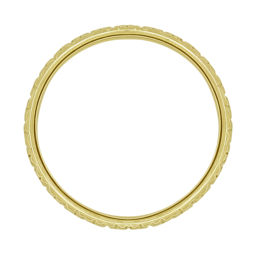 Art Deco Carved Square Flowers Wedding Ring in Yellow Gold - 3.5mm Wide Vintage Reissue Band - Item: R853Y18-9 - Image: 2