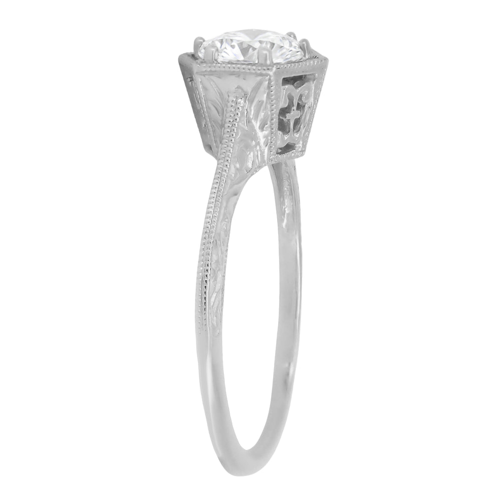 Art Deco Hexagonal Vintage Design Solitaire Diamond Filigree Engagement Ring in 14K White Gold - Engraved Scrolls - Item: R180W33D-LC - Image: 3
