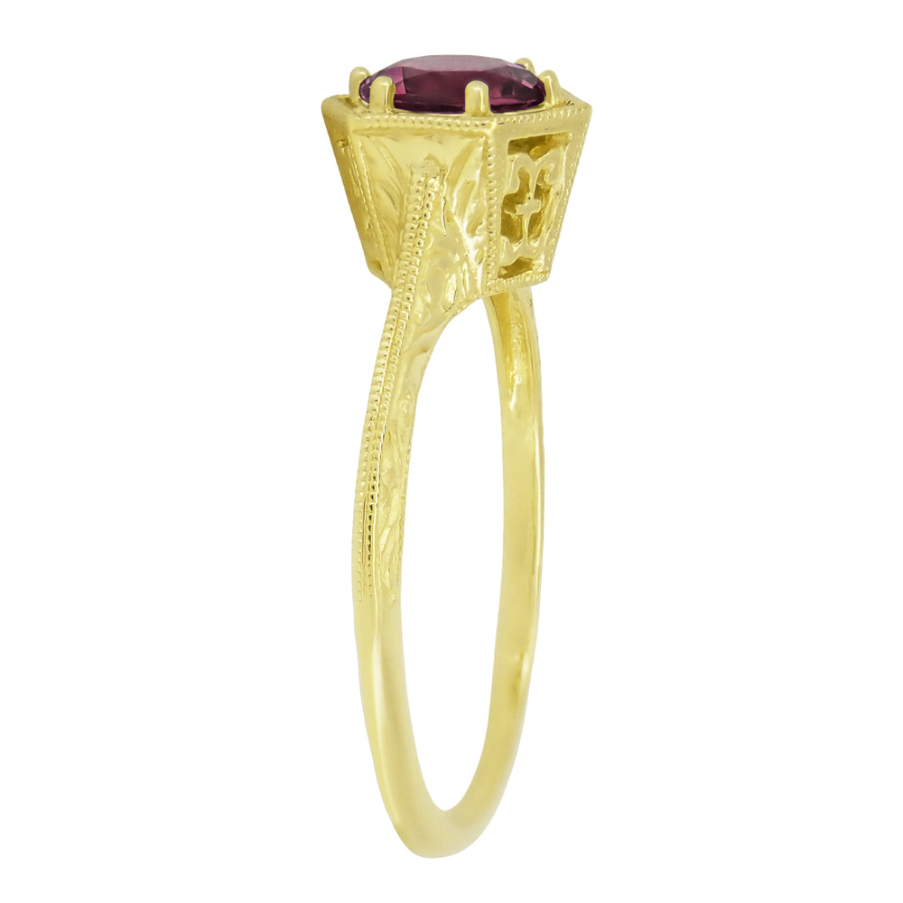 Art Deco 1.20 Carat Rhodolite Garnet Engraved Hexagon Filigree Engagement Ring in 14K Yellow Gold - Item: R180Y75G - Image: 3