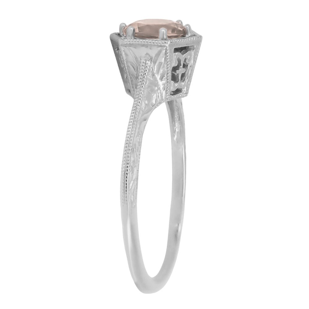 Filigree Engraved Art Deco Hexagon Morganite Ring in 14 Karat White Gold - Item: R180W75M - Image: 3