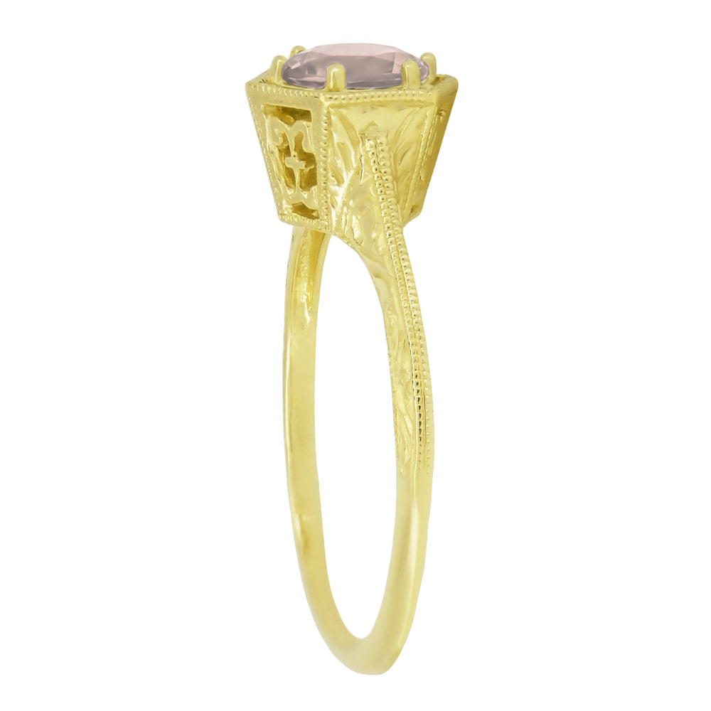 Art Deco Vintage Style Engraved Filigree Morganite Hexagon Ring in 14K Yellow Gold - Item: R180Y75M - Image: 3