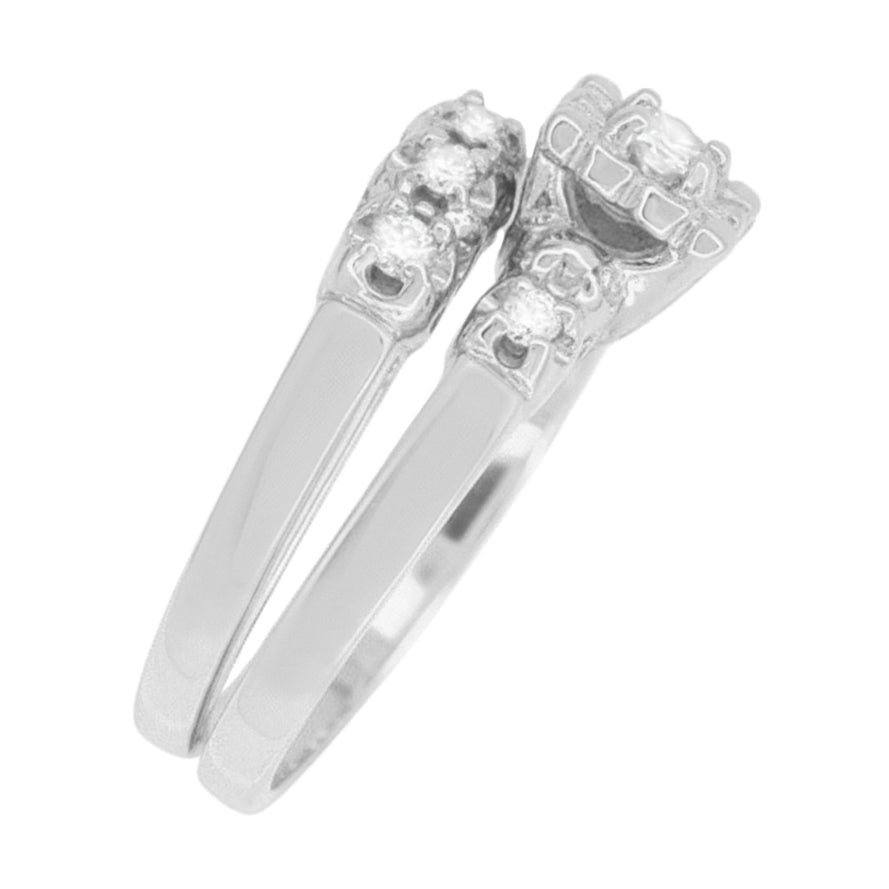 Retro Mid Century Modern Platinum Lucky Clover Diamond Engagement Ring & Wedding Band Set - Item: R674PS - Image: 5