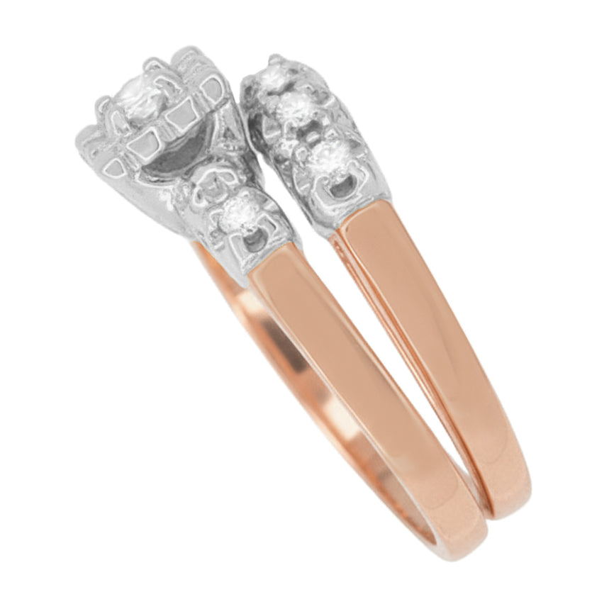 Lucky Clover Vintage 1950s Two-Tone Rose Gold & White Gold Diamond Wedding & Engagement Ring Set - Item: R674RWS-LC - Image: 3