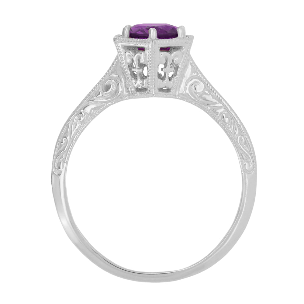Hexagon Art Deco 3/4 Carat Amethyst Engraved Filigree Engagement Ring in 14K White Gold - Item: R233 - Image: 2