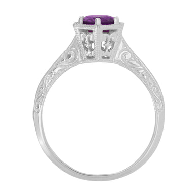 Hexagon Art Deco 3/4 Carat Amethyst Engraved Filigree Engagement Ring in 14K White Gold - alternate view