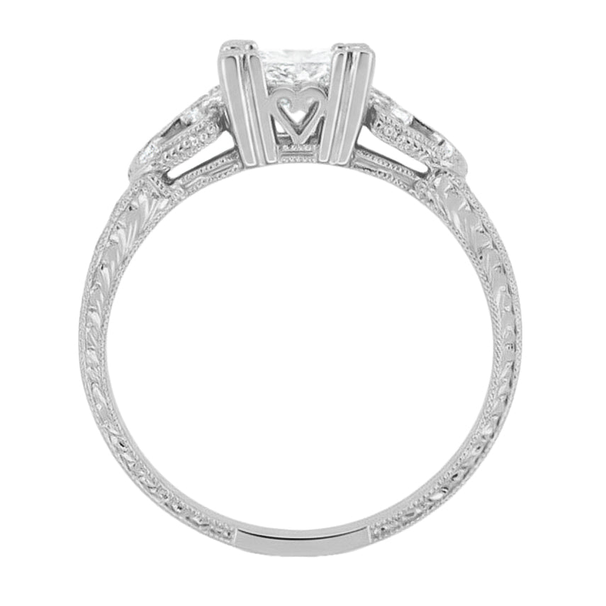 Art Deco Platinum Loving Hearts 1 Carat Square Princess Cut Diamond Engraved Engagement Ring - Item: R459P1D-LC - Image: 2
