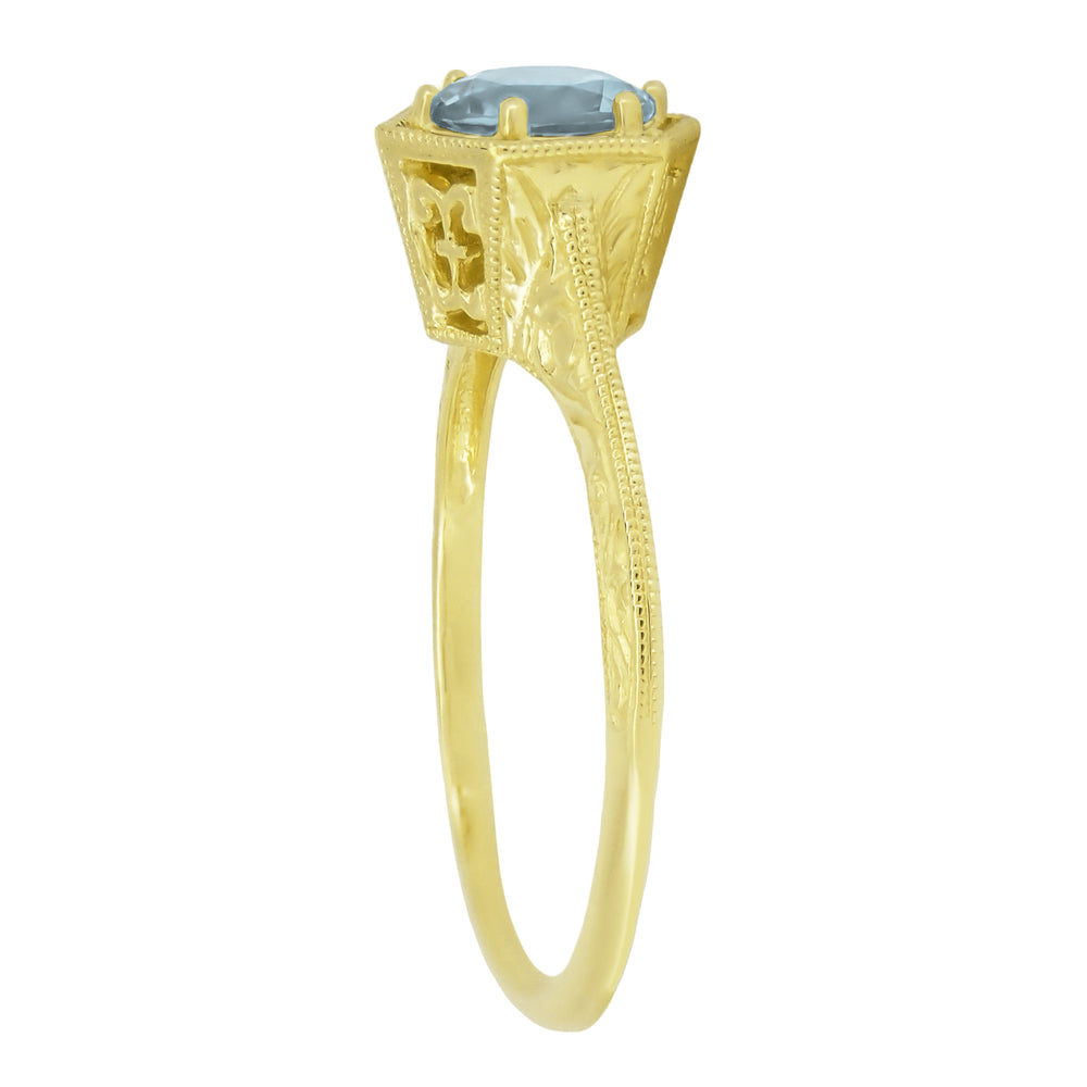 Art Deco Filigree Hexagonal 3/4 Carat Aquamarine Engagement Ring in 14K Yellow Gold - Item: R180Y - Image: 3