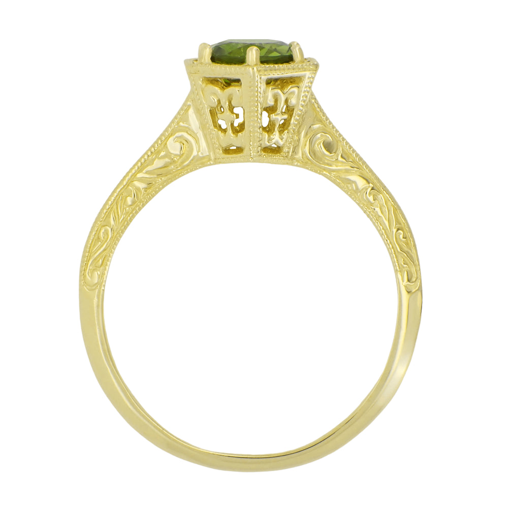 Art Deco Hexagon Filigree Solitaire Peridot Ring in 14K Yellow Gold - Item: R180Y75PER - Image: 2