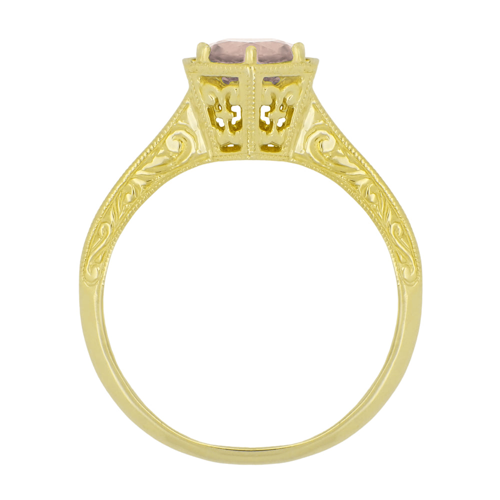 Art Deco Vintage Style Engraved Filigree Morganite Hexagon Ring in 14K Yellow Gold - Item: R180Y75M - Image: 2