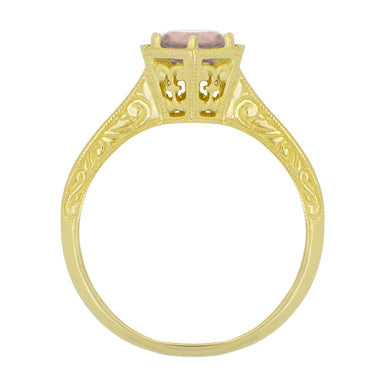 Art Deco Vintage Style Engraved Filigree Morganite Hexagon Ring in 14K Yellow Gold - alternate view