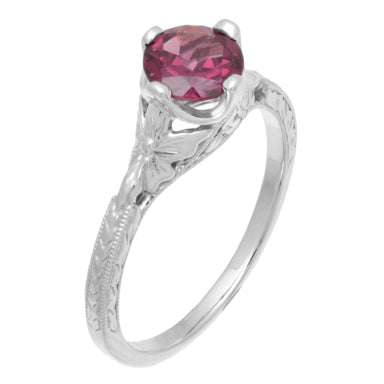 Art Deco Floral Filigree Vintage Engraved 1.25 Carat Rhodolite Garnet Engagement Ring in 14K White Gold - alternate view