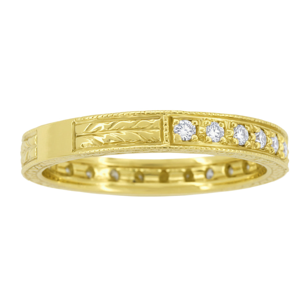 Yellow Gold Art Deco Carved Wheat Diamond Eternity Wedding Band - 14K or 18K - Item: R678Y14-LC - Image: 3