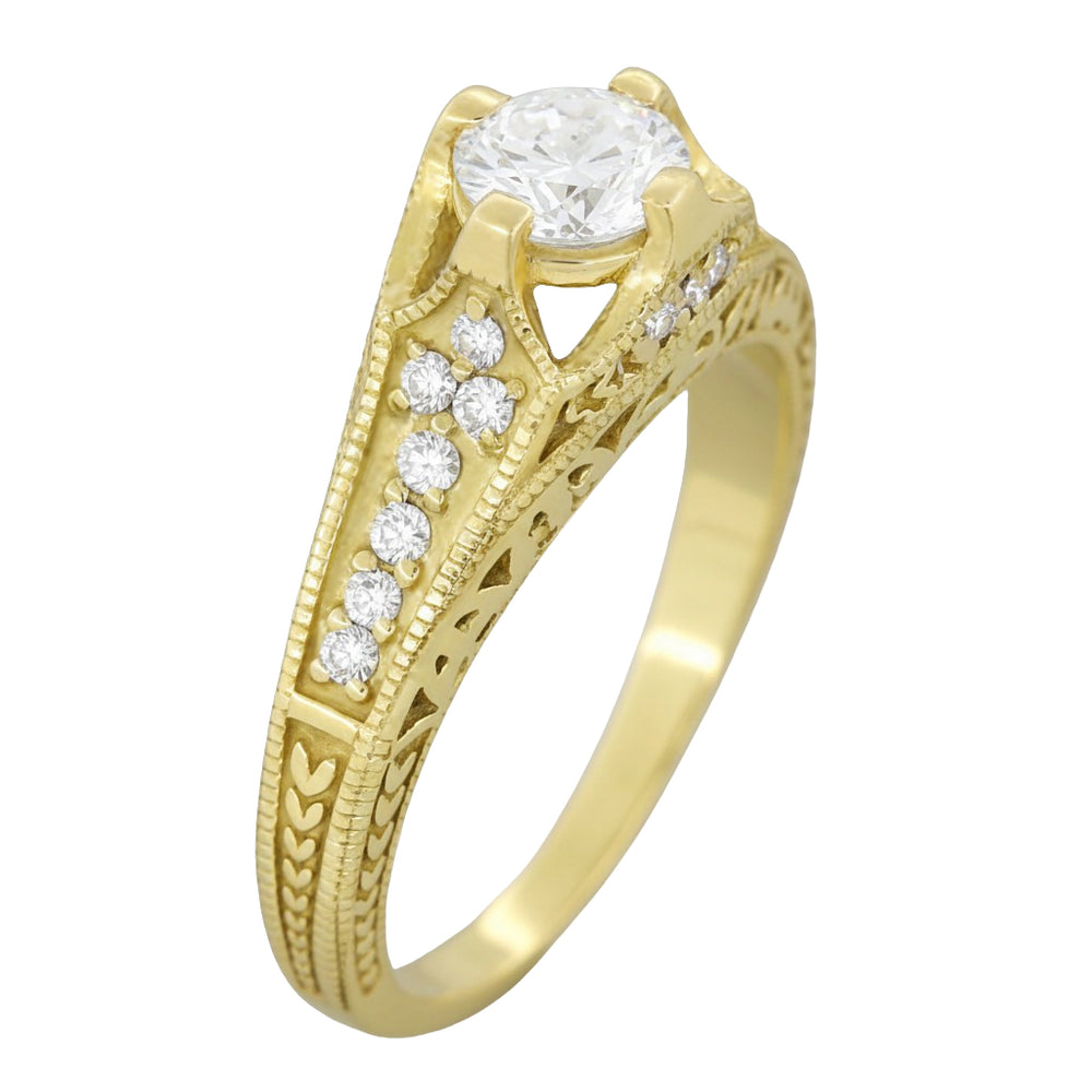 Belnord 18 Karat Yellow Gold Engraved Art Deco Filigree Diamond Engagement Ring - Item: R296Y50D-4 - Image: 2