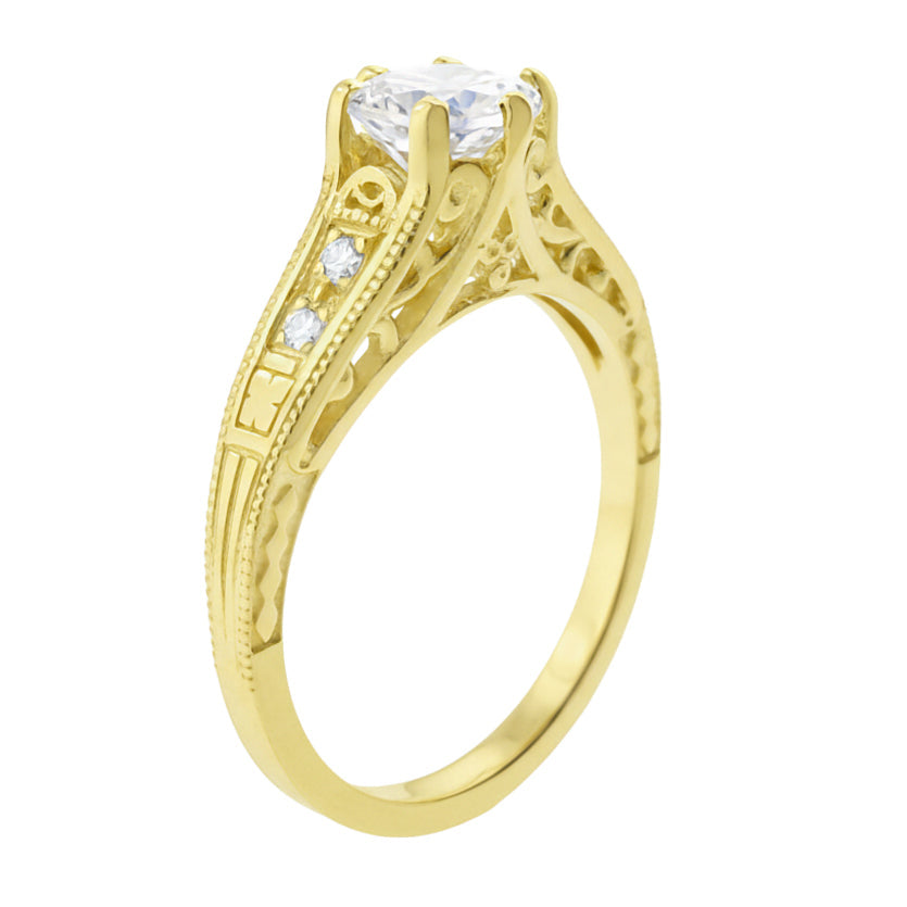 Yellow Gold Scroll Swirl Filigree 1920's Art Deco Vintage Style Diamond Engagement Ring - Item: R643Y50-LC - Image: 3