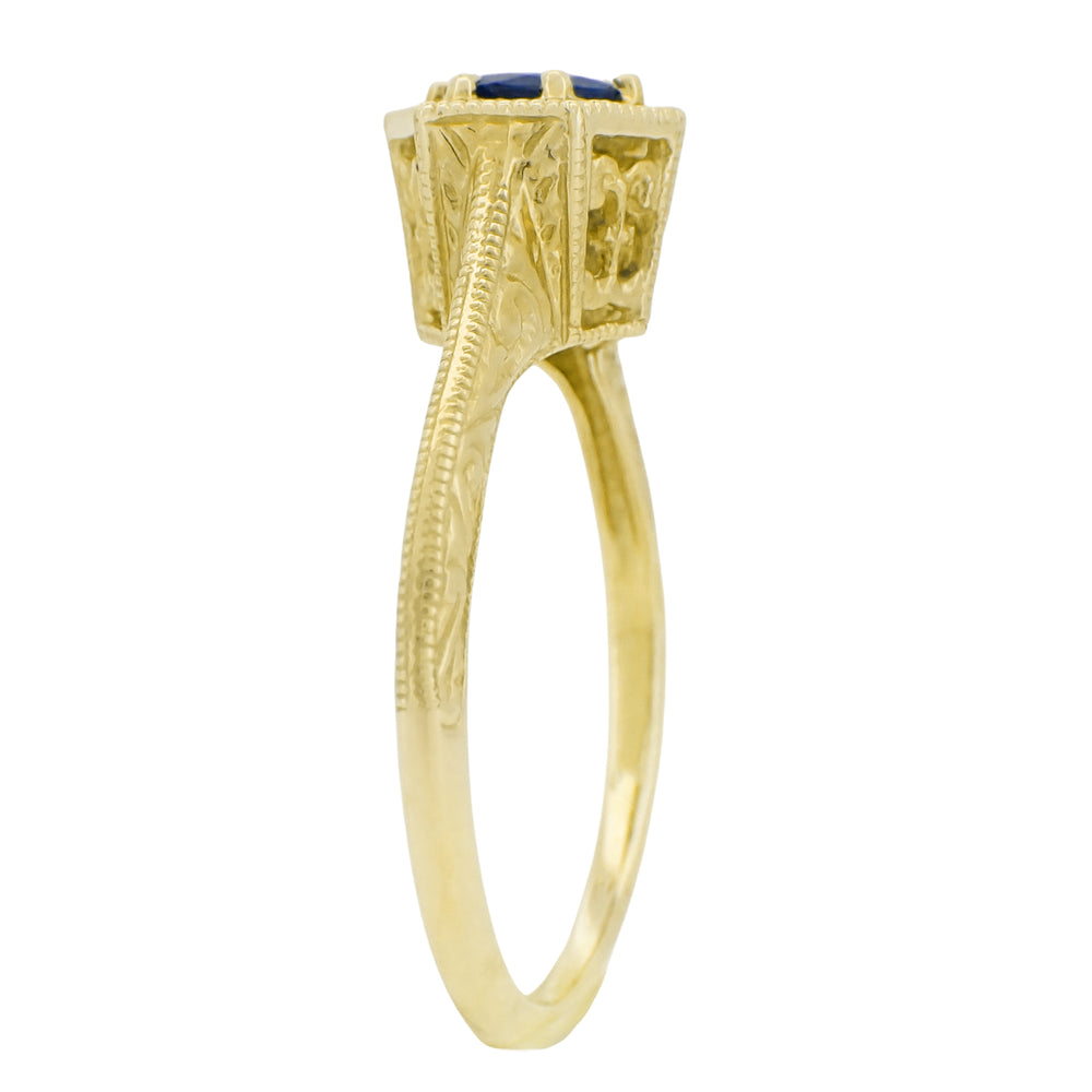 Art Deco Blue Sapphire Filigree Hexagon Engagement Ring in 14K Yellow Gold - Item: R257Y - Image: 3