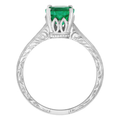 Crown Scrolls Filigree Art Deco 1 Carat Emerald Solitaire Engagement Ring in 18 Karat White Gold - alternate view