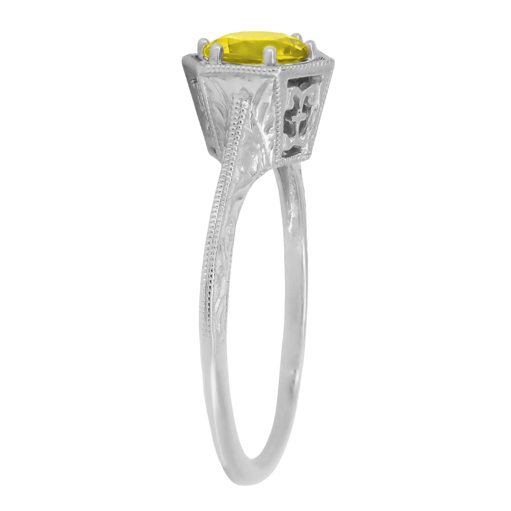 Art Deco Yellow Sapphire Filigree Hexagon Engagement Ring in 14 Karat White Gold - Item: R180W75YS - Image: 3