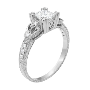 Loving Hearts 1 Carat Princess Cut Diamond Antique Style Engraved Art Deco Engagement Ring in White Gold - alternate view