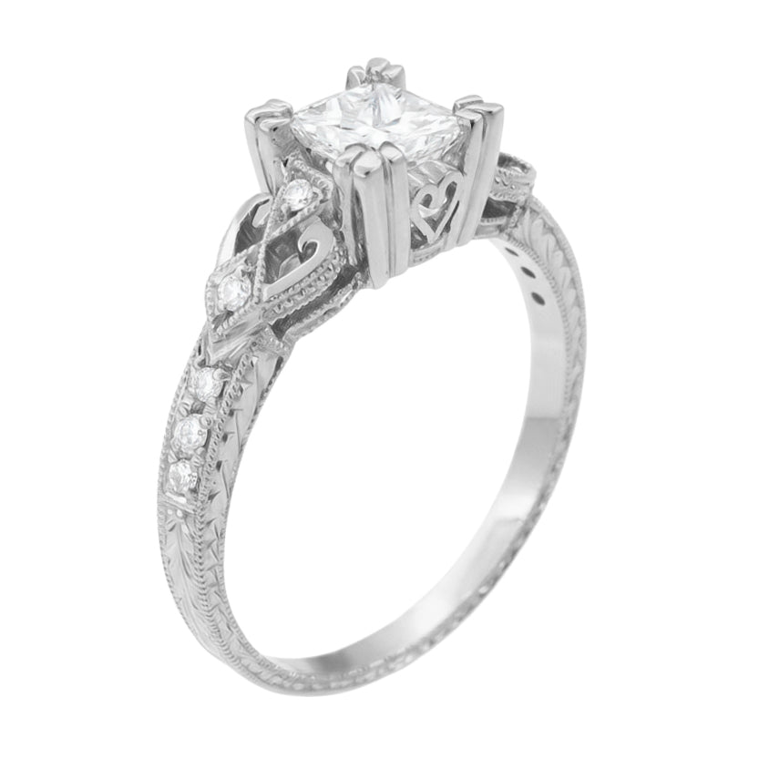 Loving Hearts 1 Carat Princess Cut Diamond Antique Style Engraved Art Deco Engagement Ring in White Gold - Item: R459W1D14K-LC - Image: 2