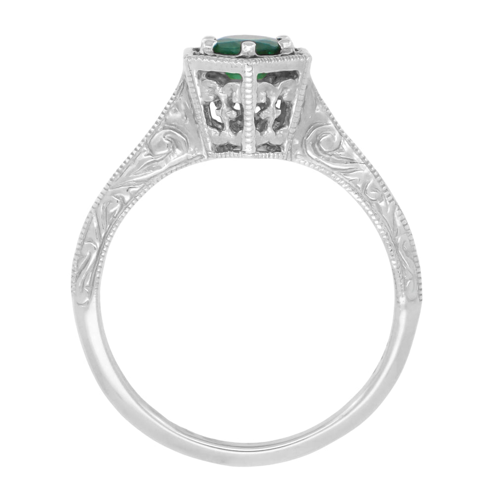 Art Deco Hexagon Emerald Filigree Engagement Ring in 14 Karat White Gold - Item: R180W33E - Image: 2