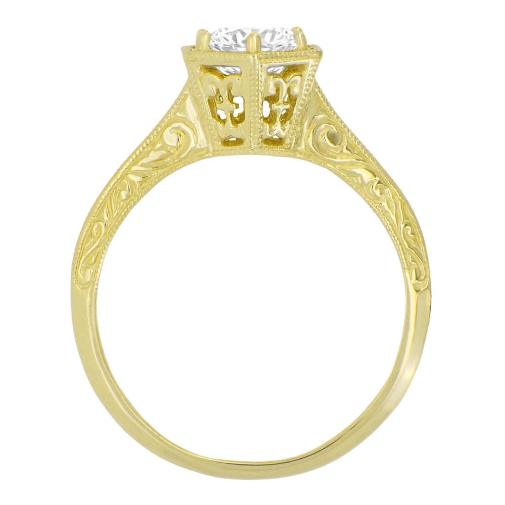 Vintage Engraved Art Deco Hexagonal Filigree Solitaire Diamond Engagement Ring in 14K Yellow Gold - Item: R180Y33D-LC - Image: 2