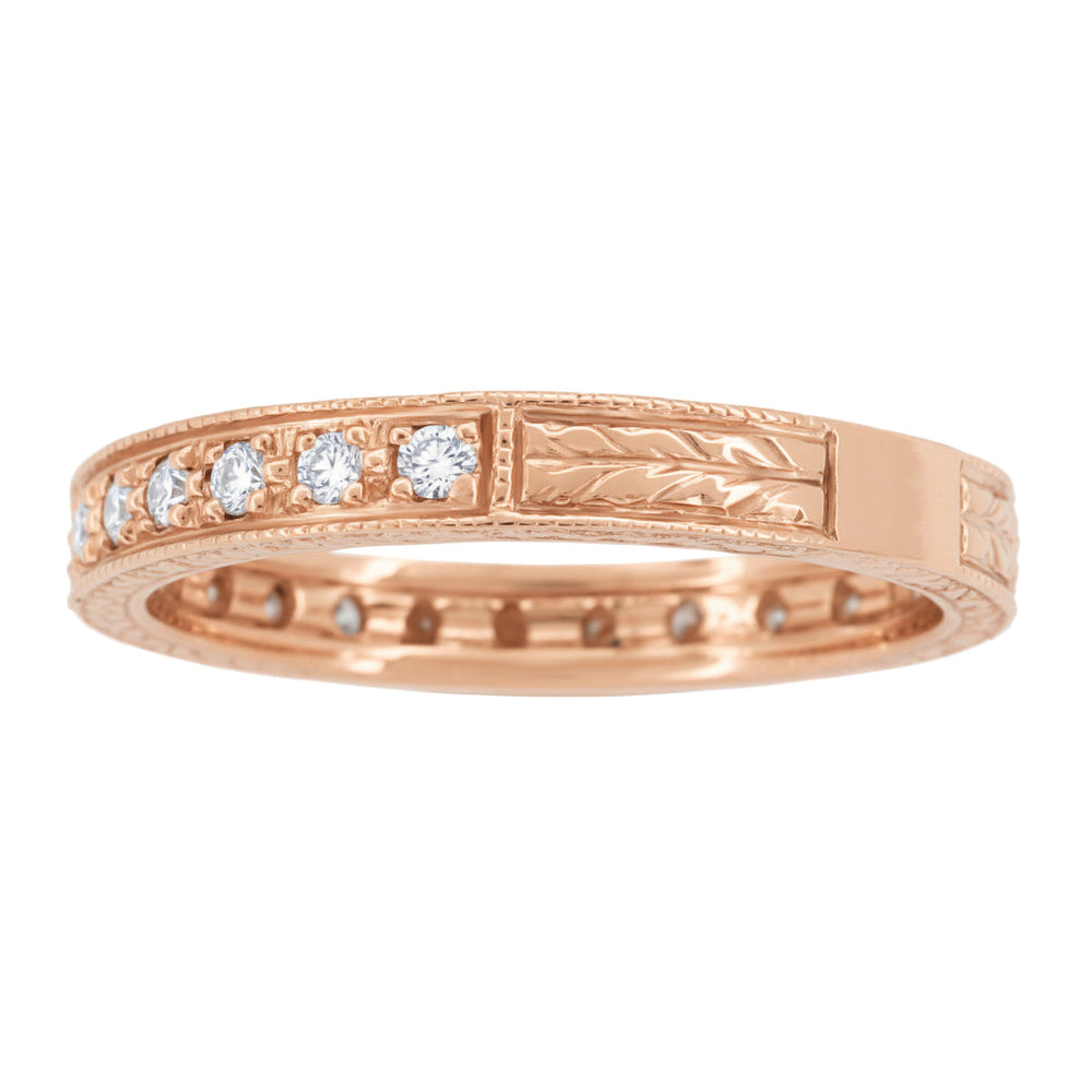 Art Deco Rose Gold Engraved Wheat Diamond Eternity Wedding Band - Item: R678R-LC - Image: 3