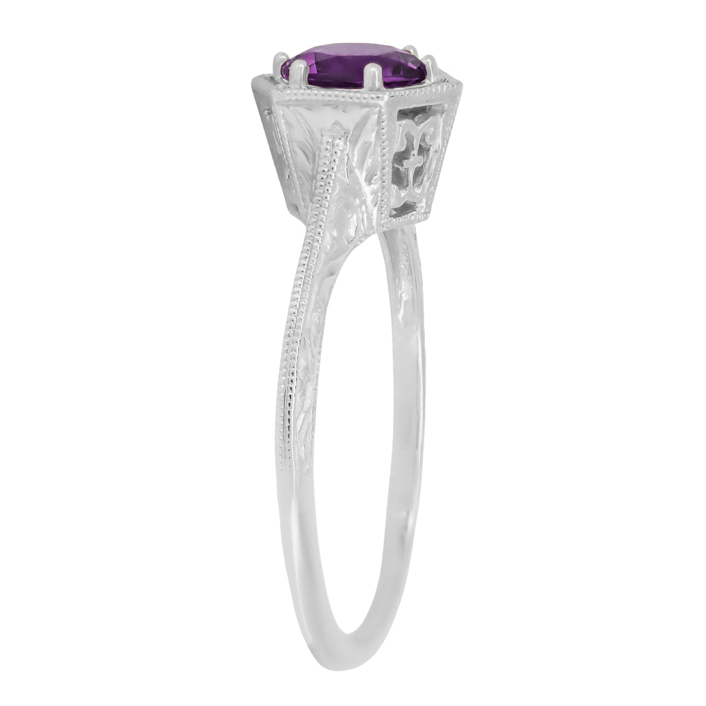 Hexagon Art Deco 3/4 Carat Amethyst Engraved Filigree Engagement Ring in 14K White Gold - Item: R233 - Image: 3