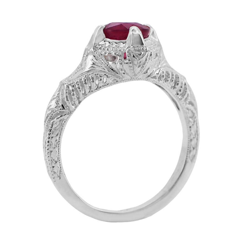Art Deco Engraved Filigree 1.20 Carat Ruby Promise Ring in Sterling Silver - Item: SSR161R - Image: 3
