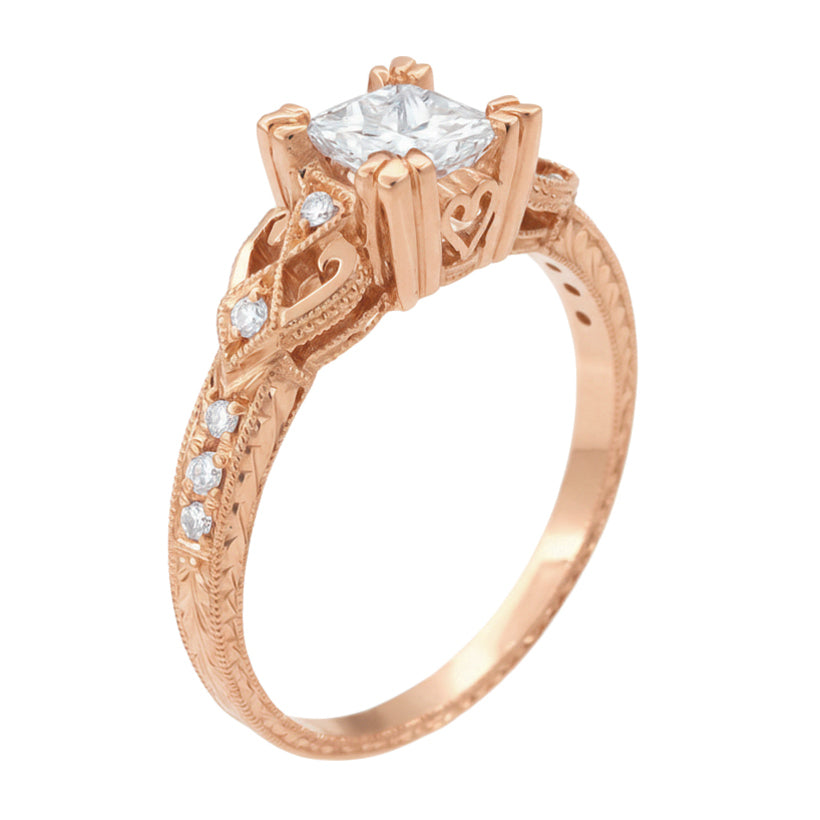 Rose Gold Loving Hearts 1 Carat Princess Cut Diamond Vintage Inspired Engraved Art Deco Engagement Ring - Item: R459R1D-LC - Image: 3
