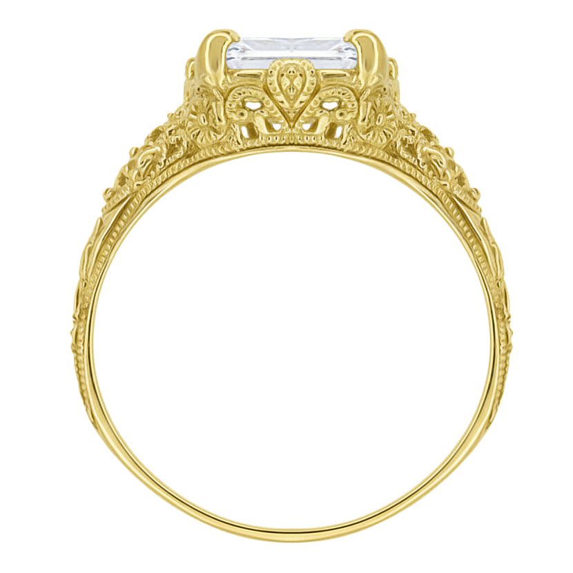 4 Carat Lab Grown Emerald Cut Diamond Solitaire Edwardian Filigree Vintage Style Engagement Ring in Yellow Gold - Item: R618YD-LC - Image: 2
