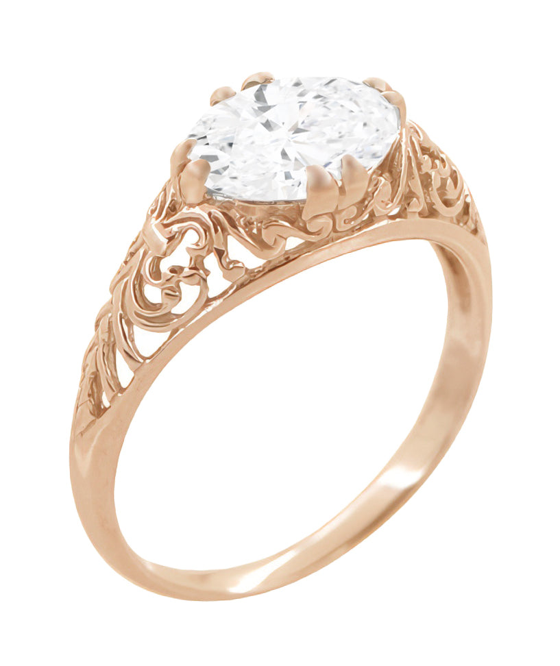 Edwardian Rose Gold East to West 1.10 Carat Oval Diamond Filigree Engagement Ring - Item: R799RD-LC - Image: 2