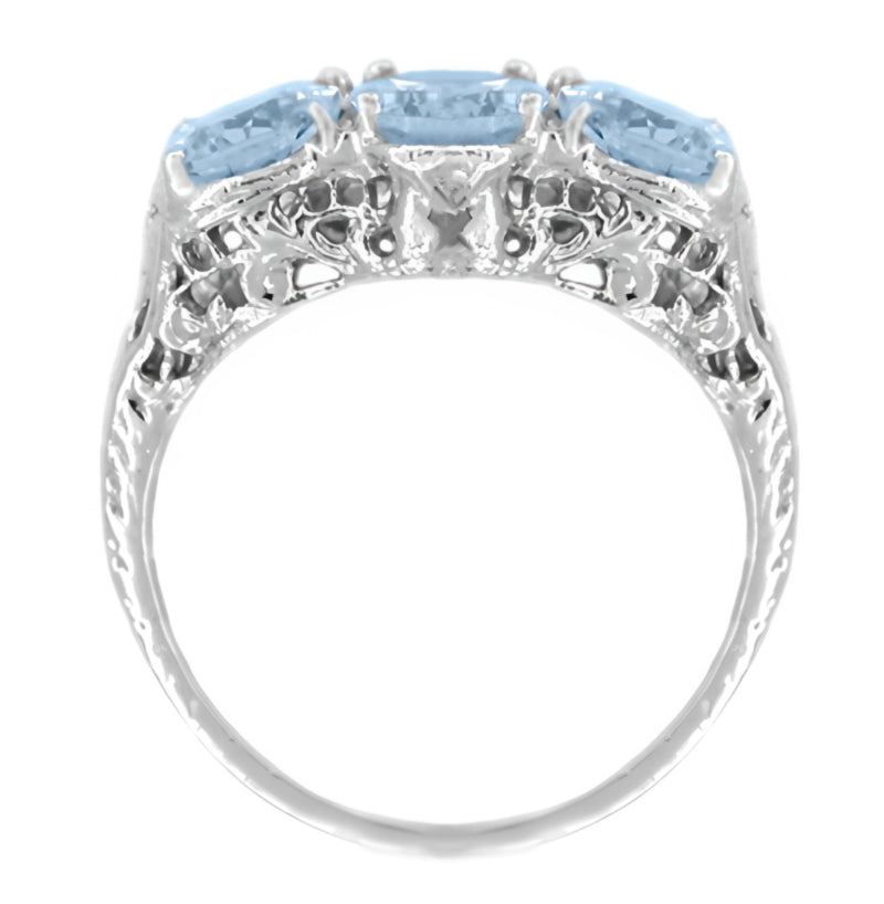 Side Filigree on Vintage Edwardian Three Stone Aquamarine Oval Stones Ring in 14K White Gold - R190