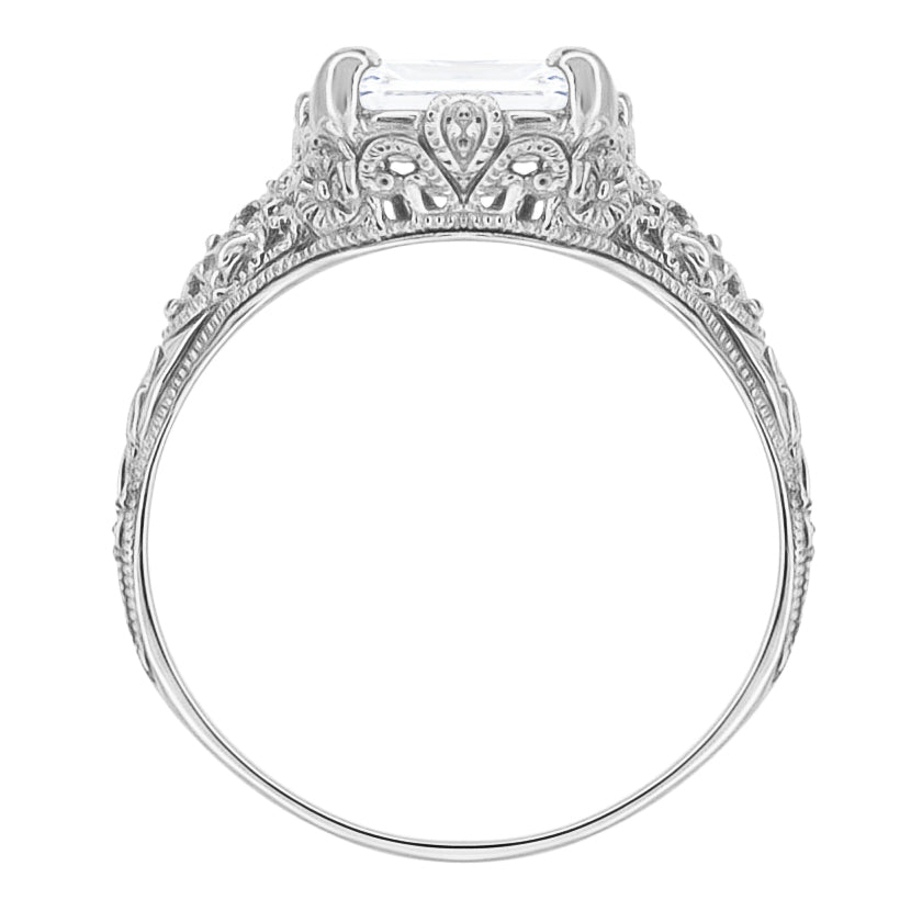4 Carat Emerald Cut Lab Grown Diamond Edwardian Vintage-Inspired Engagement Ring in 14 Karat White Gold - Item: R618WD - Image: 2