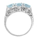 Side Filigree on Vintage Edwardian Three Stone Aquamarine Oval Stones Ring in 14K White Gold - R190