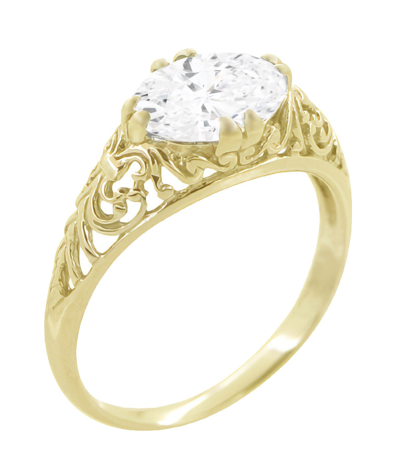 Yellow Gold Edwardian Scroll Filigree East to West Oval Diamond Engagement Ring - 1.30 Carat - Item: R799YD-LC - Image: 2