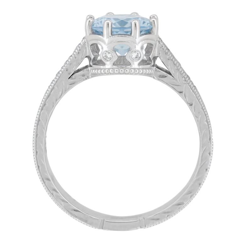 Platinum 1 Carat Aquamarine Royal Crown Antique Style Engraved Engagement Ring - Item: R460PA - Image: 3