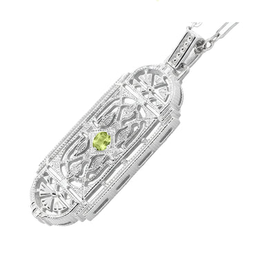 1920's Geometric Art Deco Filigree Peridot Pendant Necklace in Sterling Silver - alternate view